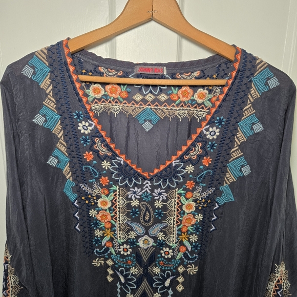 Johnny Was Grey Embroidered Tunic Blouse Sheer Gypsy Bohemian Hippie Size L - Picture 4 of 14